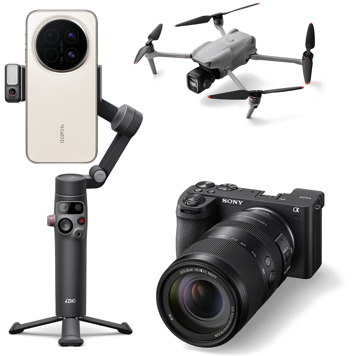 Matériel de tournage de Laura Sireta : appareil photo Sony A6700, smartphone Honor Magic Pro 8 et drone DJI